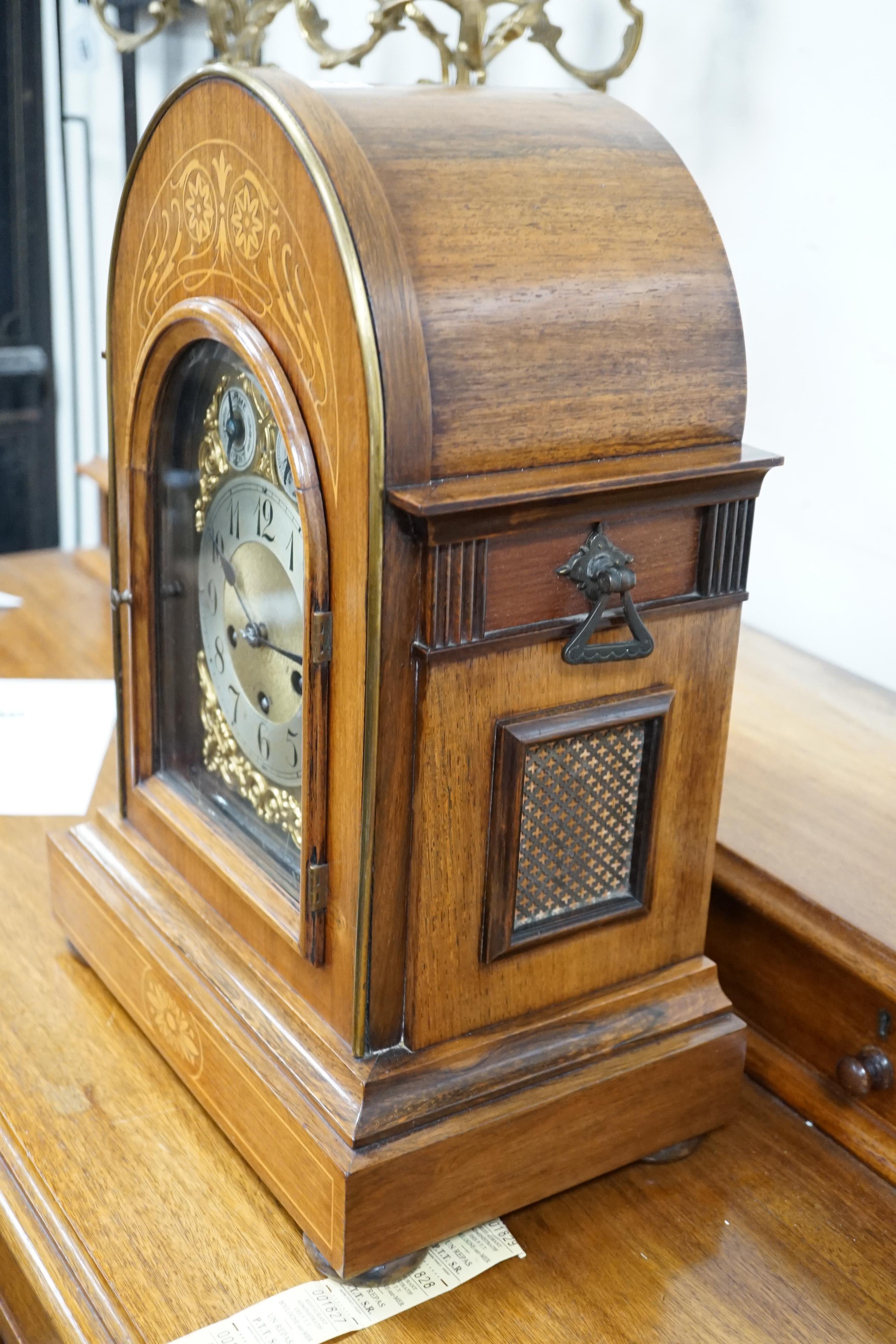 A late Victorian marquetry inlaid rosewood chiming bracket clock, height 45cm